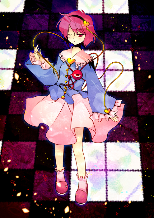 shinia, komeiji satori, touhou, 1girl, blush, bobby socks, buttons, collar, female focus, full body, hairband, heart, long sleeves, looking at viewer, mary janes, one eye closed, pink eyes, pink hair, shoes, socks, solo, standing, string, third eye, wink