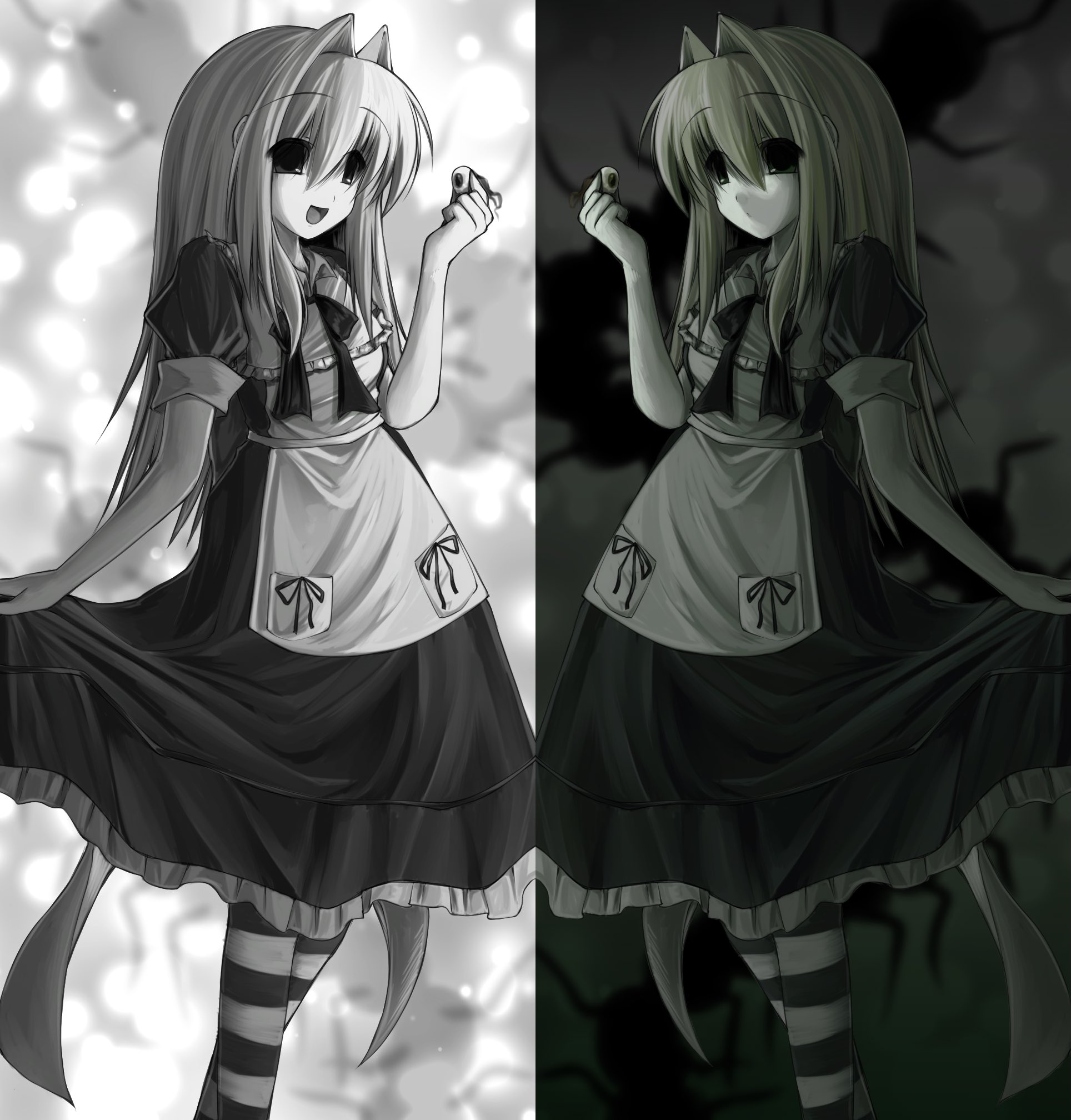ponymoe, highres, 1girl, 2000s (style), annika (salvika), apron, bib collar, blonde hair, bow, dress, eyeball, faux retro artstyle, frilled dress, frills, hair ears, hair intakes, holding eyeball, long hair, salvika, smile
