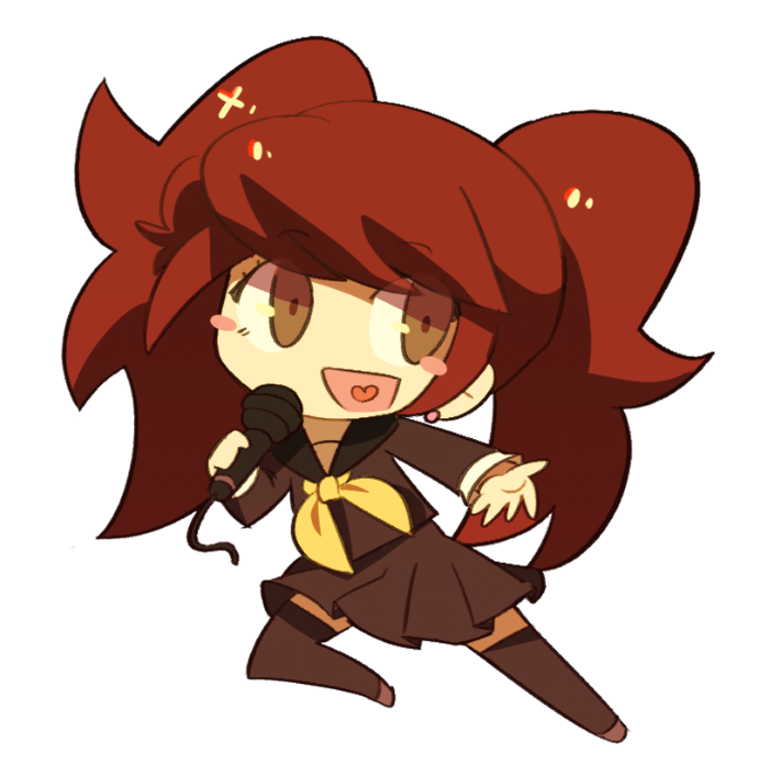 sasibowol, kujikawa rise, persona, persona 4, commentary request, korean commentary, 1girl, black serafuku, black shirt, black skirt, blush, blush stickers, brown eyes, brown hair, chibi, chibi only, earrings, full body, heart, heart in mouth, holding, holding microphone, jewelry, long hair, long sleeves, looking to the side, microphone, neckerchief, open mouth, school uniform, serafuku, shirt, simple background, skirt, smile, solo, twintails, white background, yasogami school uniform, yellow neckerchief