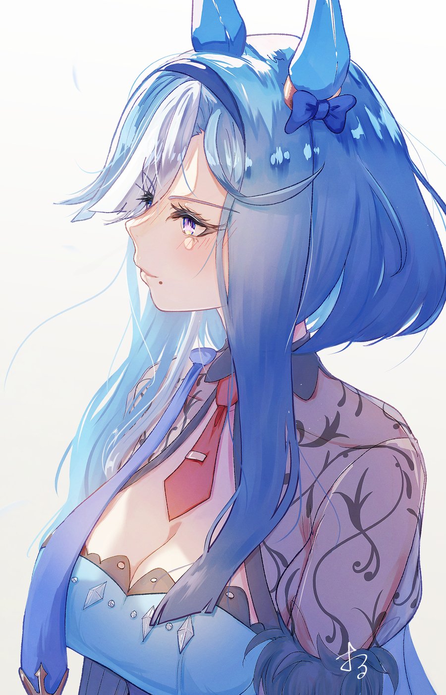 orusun, admire groove (umamusume), umamusume, highres, 1girl, animal ears, blue bow, blue dress, blue hair, blue hairband, blush, bow, breasts, cleavage, closed mouth, dress, ear bow, ear covers, hairband, horse ears, horse girl, lace trim, large breasts, long hair, mole, mole under mouth, multicolored hair, necktie, purple eyes, red necktie, see-through clothes, simple background, streaked hair, upper body, white hair, white streaks