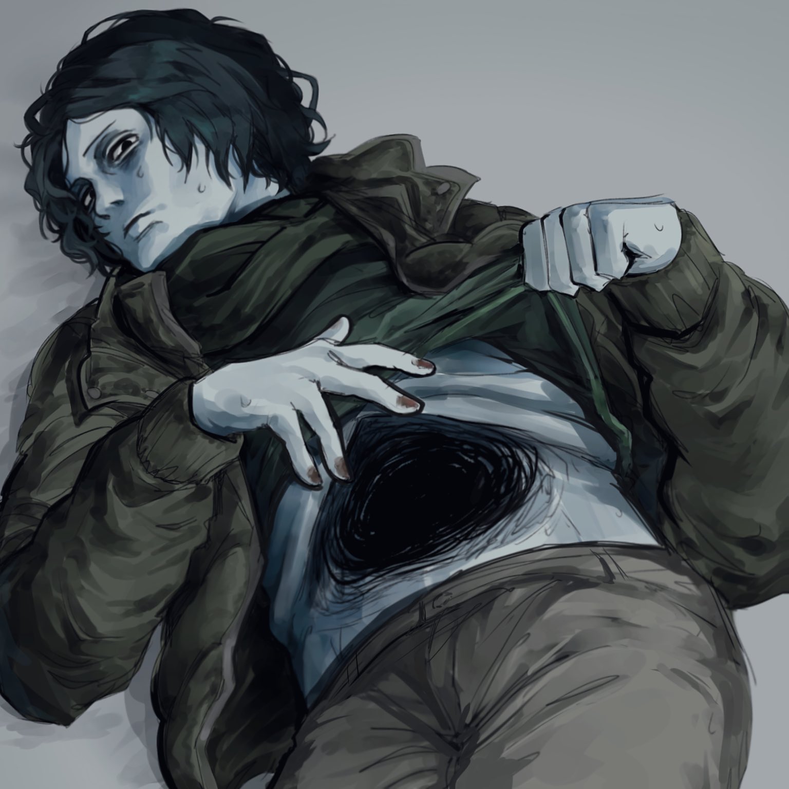 no i'm not a human, highres, 1boy, black eyes, black hair, blue skin, brown coat, coat, coat guy (no i'm not a human), colored skin, empty eyes, green scarf, green shirt, grey background, hole on body, looking at viewer, lying, male focus, medium hair, necochan100, no nails, on back, presenting, scarf, shirt, simple background, small sweatdrop, solo