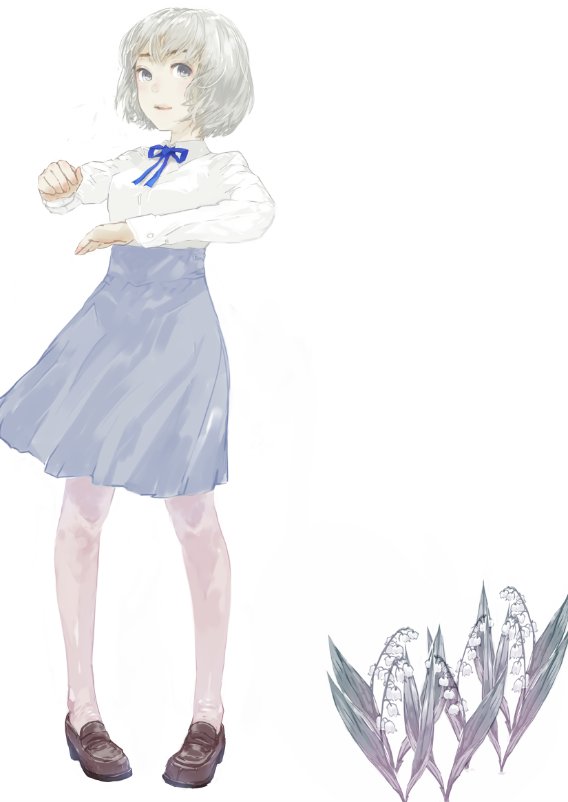 nimirom, original, commentary request, partial commentary, 1girl, blue ribbon, bob cut, breasts, brown shoes, collared shirt, floating clothes, flower, full body, grey eyes, grey hair, grey skirt, hands up, high-waist skirt, lily of the valley, loafers, long sleeves, looking at viewer, medium breasts, mismatched eyebrows, neck ribbon, open mouth, pantyhose, pigeon-toed, ribbon, shirt, shirt tucked in, shoes, short hair, sideways glance, simple background, skirt, solo, standing, teeth, upper teeth only, white background, white flower, white pantyhose, white shirt