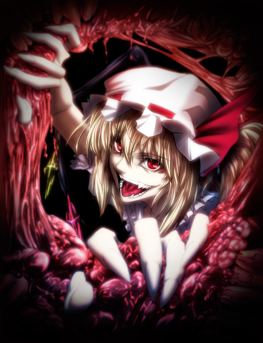 imizu (nitro unknown), flandre scarlet, touhou, bad id, bad pixiv id, highres, 1girl, blonde hair, blood, claws, fangs, female focus, fingernails, guro, intestines, solo, teeth, vampire