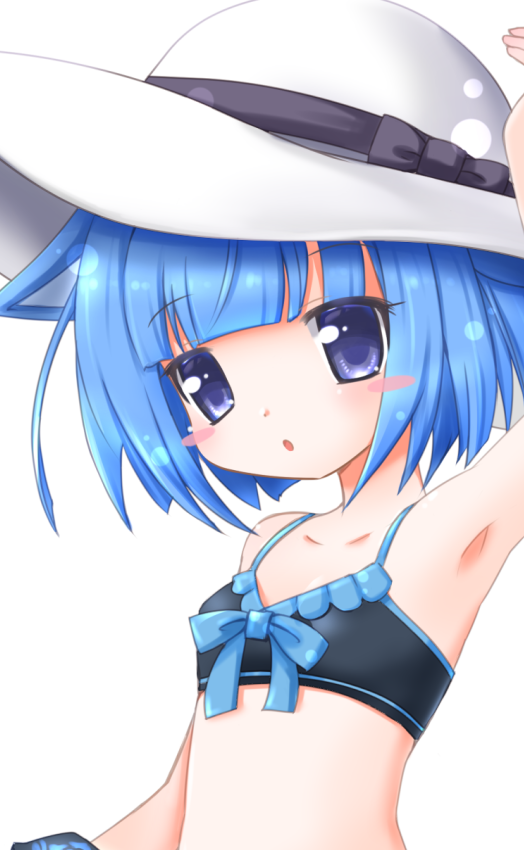 akino sakura, emil chronicle online, 1girl, animal ears, armpits, bikini, blue bikini, blue eyes, blue hair, blush stickers, breasts, cat ears, cat girl, hat, nekomata ai, open mouth, small breasts, solo, swimsuit, tankini, upper body, white background, white hat