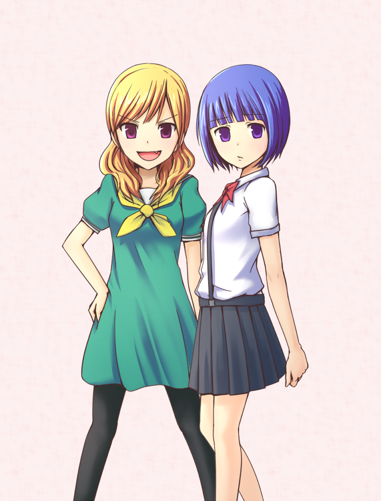 magli, furude rika, houjou satoko, higurashi no naku koro ni, 00s, 2girls, alternate hairstyle, blonde hair, blue eyes, blue hair, bob cut, dress, fang, green skirt, hand on own hip, long hair, looking at viewer, multiple girls, open mouth, pantyhose, purple eyes, sailor dress, school uniform, short hair, skirt, standing