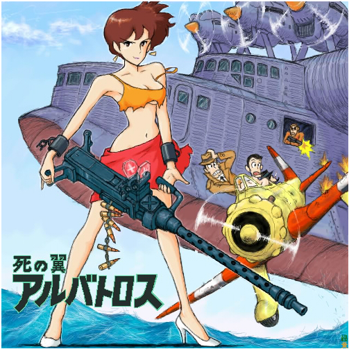 midori kou, arsene lupin iii, jigen daisuke, mine fujiko, zenigata kouichi, lupin iii, 1970s (style), 1girl, 3boys, aircraft, airplane, beard, breasts, brown hair, cleavage, crop top, crosshair, earrings, facial hair, flying boat, gun, high heels, jewelry, machine gun, medium breasts, midriff, multiple boys, oldschool, parody, pinky out, retro artstyle, sarong, seaplane, shoes, smile, strap slip, style parody, torn clothes, underboob, weapon