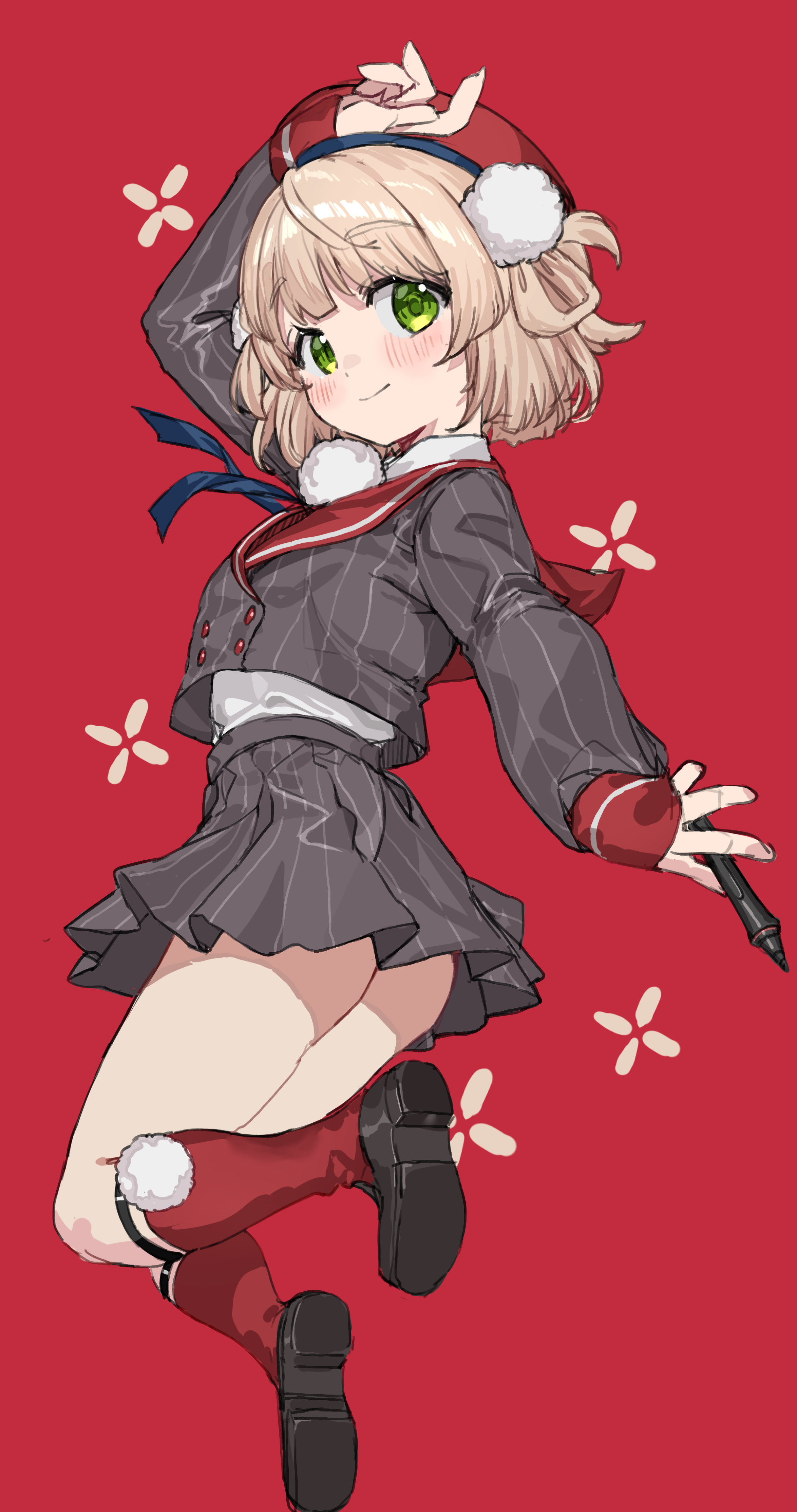 ranf, shigure ui (vtuber), shigure ui (vtuber) (1st costume), indie virtual youtuber, absurdres, highres, 1girl, arm up, beret, black shoes, blonde hair, blush, closed mouth, collared shirt, dress shirt, full body, green eyes, grey jacket, grey skirt, hair ornament, hair rings, hat, holding, holding stylus, jacket, kneehighs, long sleeves, looking at viewer, miniskirt, pinstripe jacket, pinstripe pattern, pinstripe skirt, pleated skirt, pom pom (clothes), pom pom hair ornament, red background, red hat, red socks, school uniform, shirt, shoes, short hair, side up ring, simple background, skirt, smile, socks, solo, stylus, virtual youtuber, white shirt