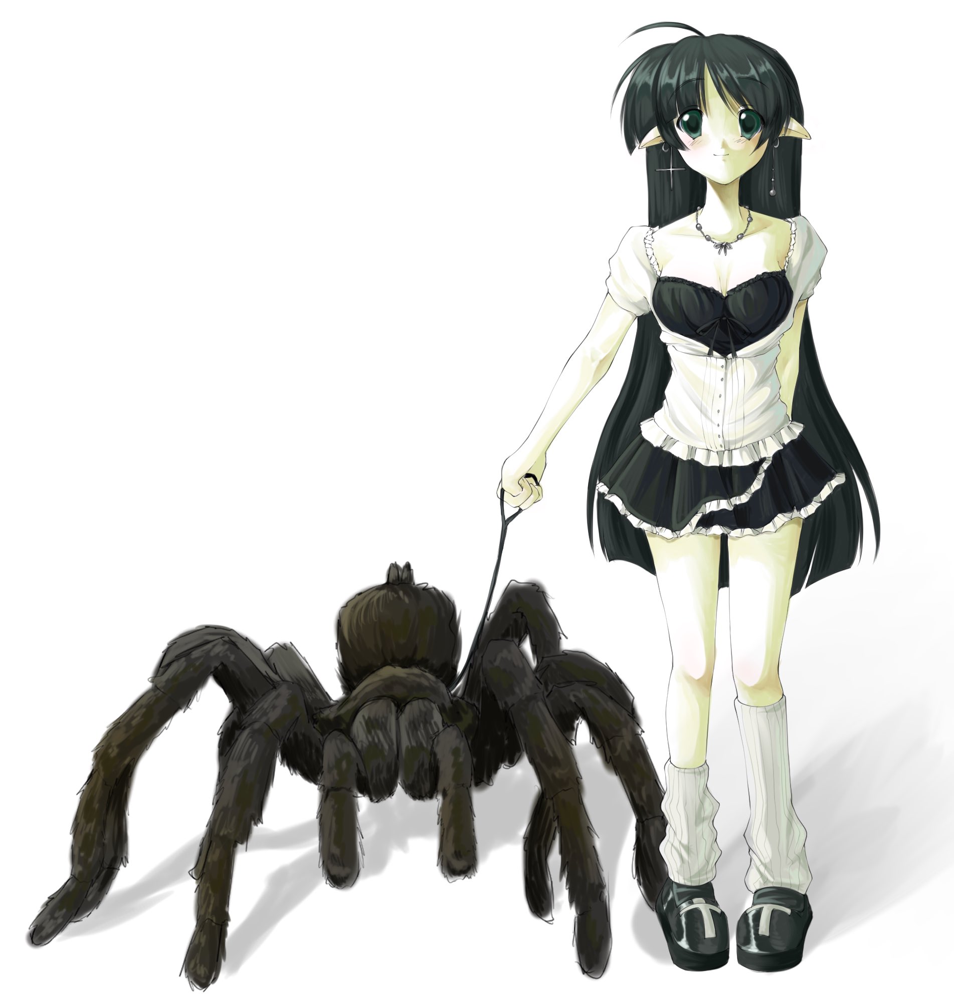 ponymoe, highres, 1girl, 2000s (style), alma (magi stop), bug, earrings, faux retro artstyle, full body, jewelry, leash, long hair, loose socks, magi stop, necklace, pointy ears, shoes, skirt, smile, socks, spider, tareme, very long hair, white background