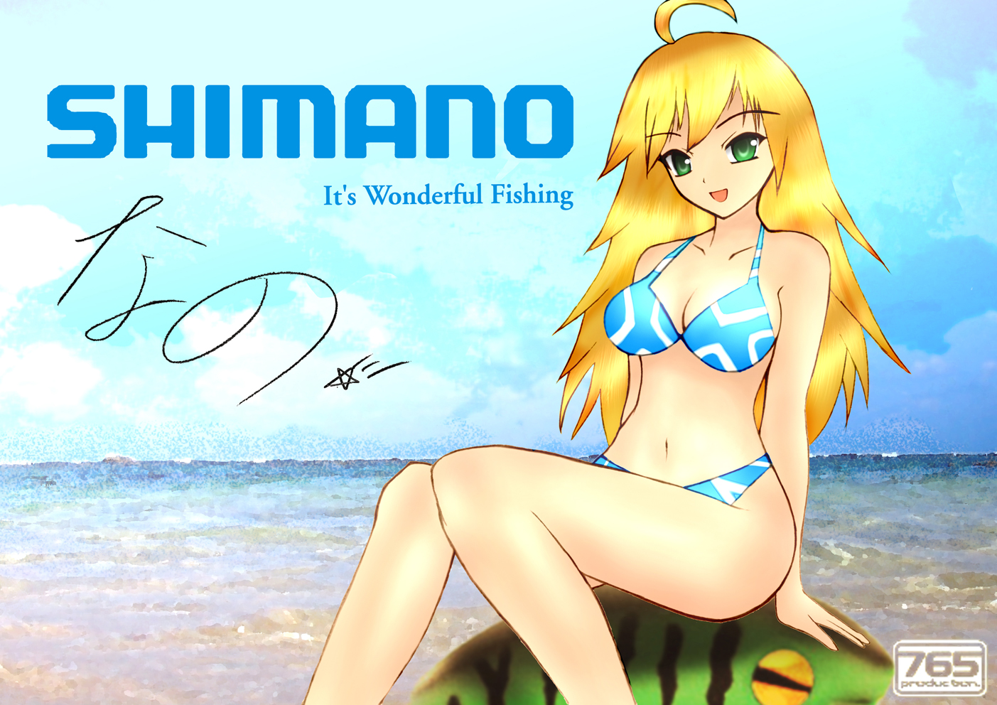 aoki juntarou, hoshii miki, idolmaster, idolmaster (classic), idolmaster 1, bad id, bad pixiv id, 00s, 1girl, beach, bikini, blonde hair, day, female focus, green eyes, long hair, outdoors, solo, swimsuit
