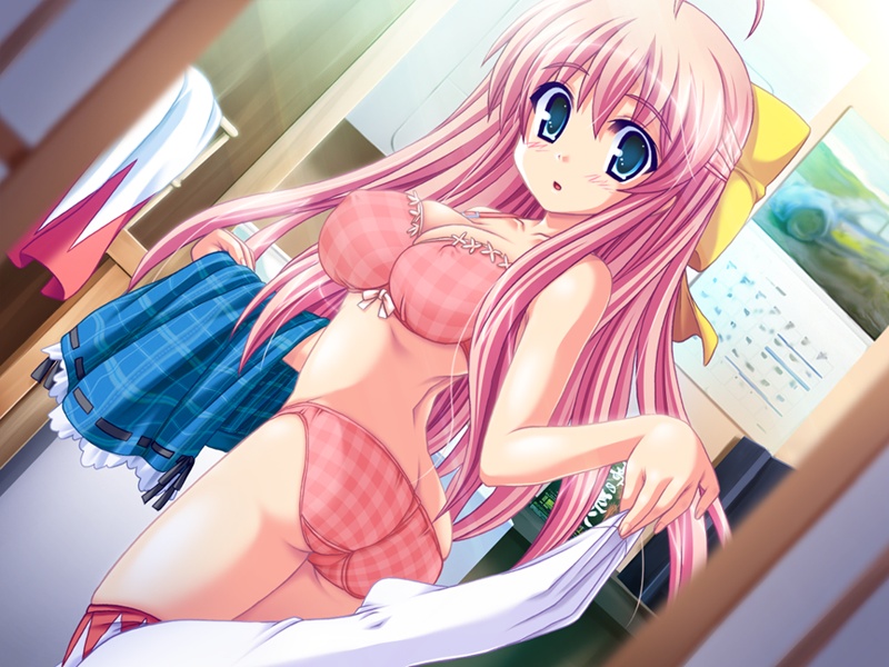 akaza, kondo isami, kondou isami, kondou isami (gakuen shinsengumi), gakuen shinsengumi, gakuen shinsengumi!, non-web source, 1girl, ahoge, ass, back, blue eyes, blush, bow, bow bra, bra, breasts, butt crack, calendar, calendar (object), checkered bra, checkered clothes, checkered panties, cleavage, covered erect nipples, dutch angle, female focus, hair bow, large breasts, lingerie, long hair, looking back, panties, pink bra, pink hair, pink panties, plaid bra, plaid clothes, plaid panties, skirt, solo, thighhighs, underwear, underwear only, undressing, unworn skirt, white thighhighs