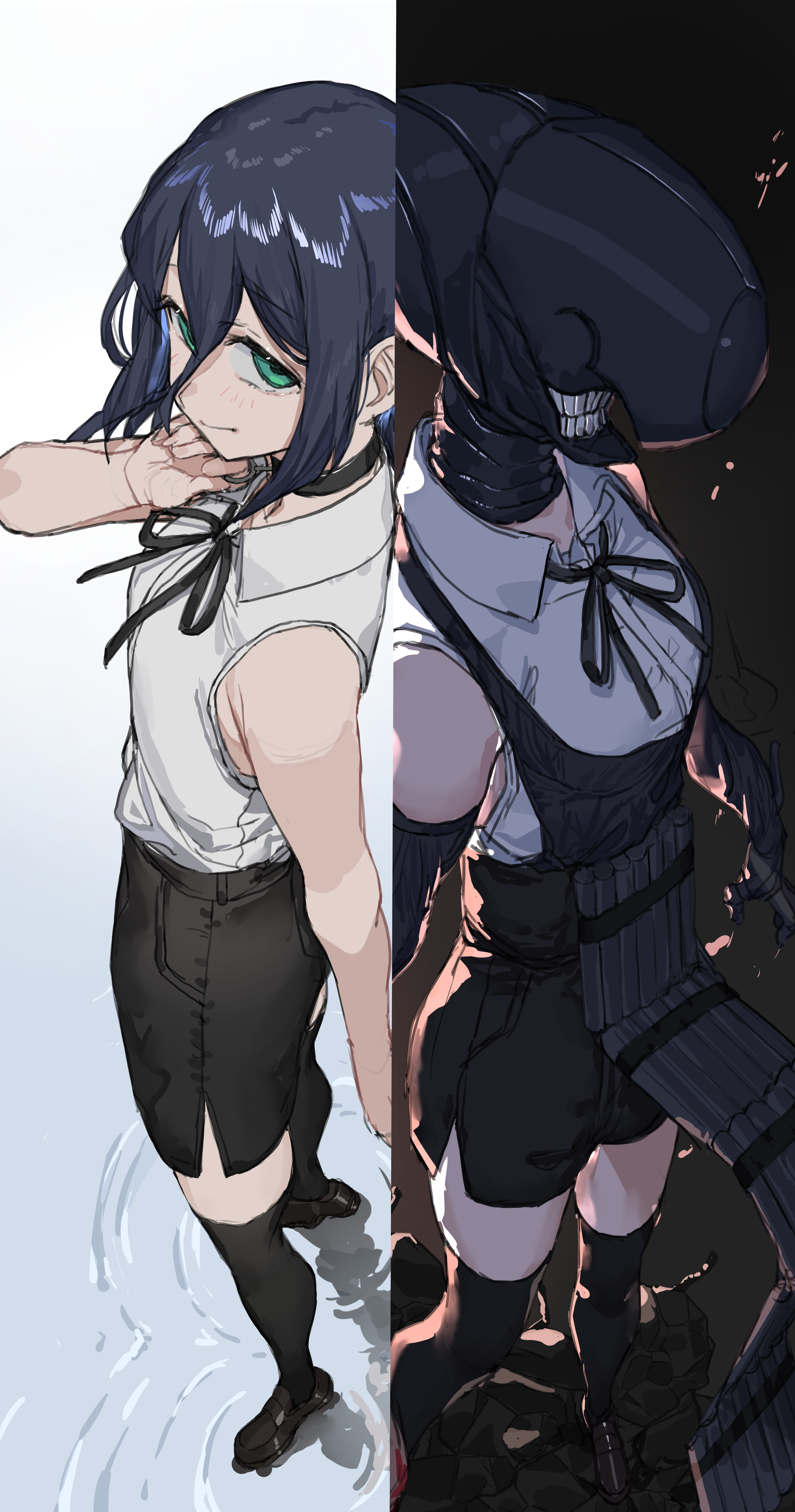 ranf, bomb devil (chainsaw man), reze (chainsaw man), chainsaw man, absurdres, highres, 1girl, bare arms, bare shoulders, black hair, black ribbon, black shoes, black shorts, black thighhighs, blue hair, blush, breasts, closed mouth, collared shirt, dress shirt, green eyes, loafers, multicolored hair, neck ribbon, ribbon, ripples, shirt, shoes, short shorts, shorts, sleeveless, sleeveless shirt, small breasts, standing, standing on liquid, thighhighs, two-tone hair, water, white shirt