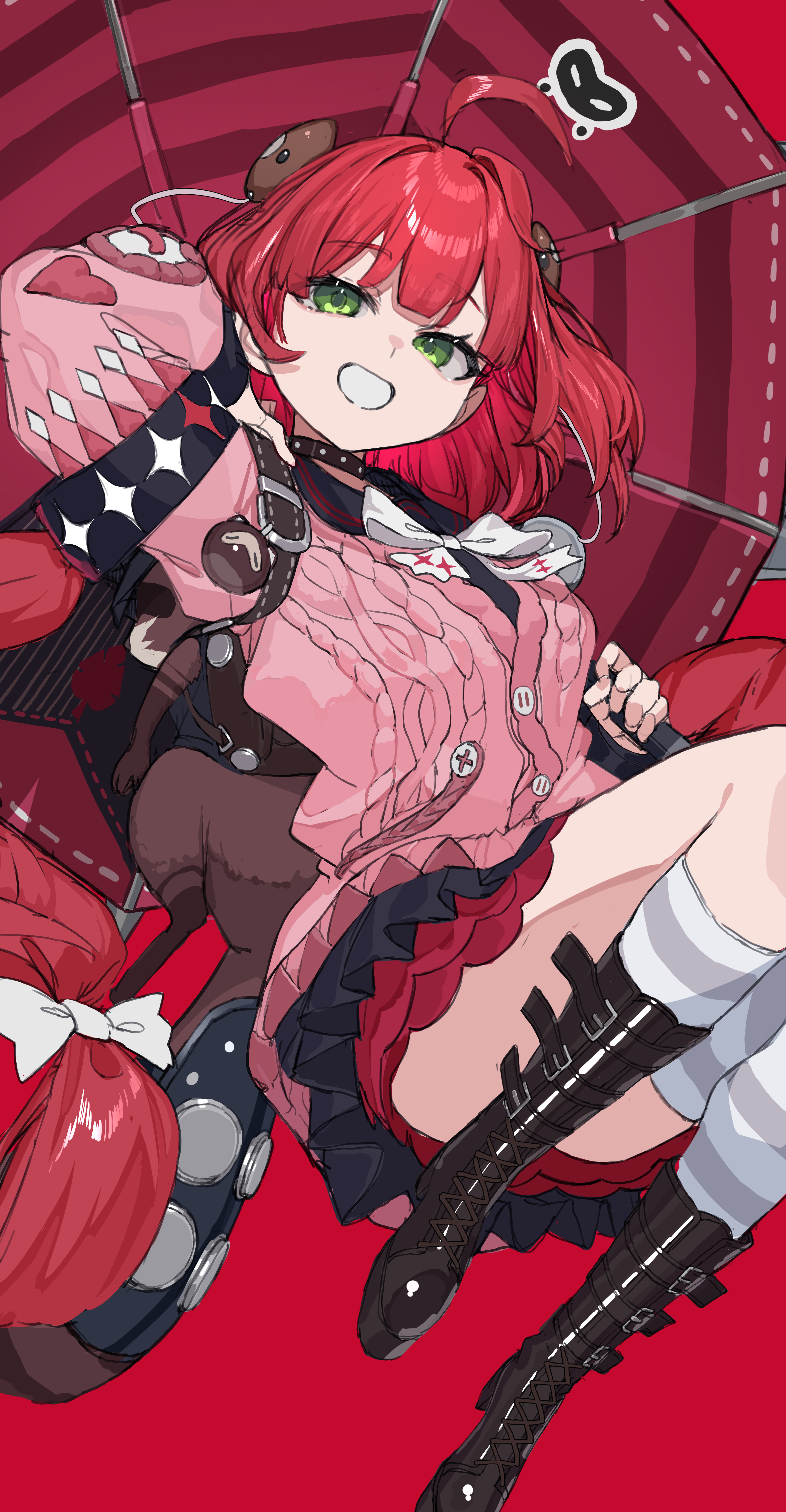 ranf, kamanosuke (zenless zone zero), ukinami yuzuha, zenless zone zero, absurdres, highres, 1girl, 1other, ahoge, animal, animal on back, backpack, bag, bag charm, black boots, black ribbon, black sailor collar, boots, cardigan, charm (object), chest bow, green eyes, hair ornament, hair ribbon, hat, hearing aid, holding, holding umbrella, looking at viewer, multiple hair ribbons, pink cardigan, raccoon, red background, red hair, red umbrella, ribbon, sailor collar, smile, socks, sphere hair ornament, striped clothes, striped socks, tanuki, teeth, umbrella, white ribbon