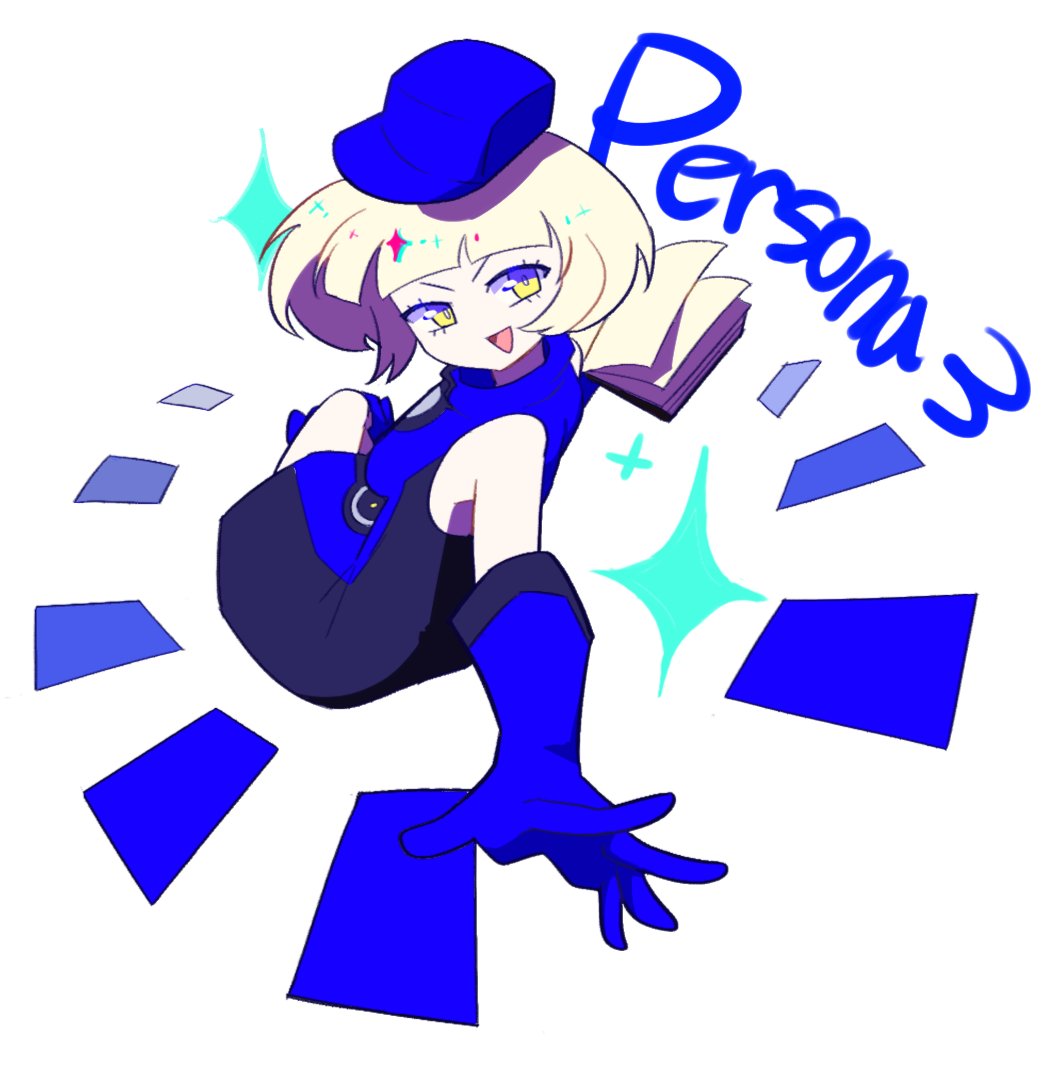 sasibowol, elizabeth (persona), persona, persona 3, hashtag-only commentary, 1girl, blonde hair, blue dress, blue gloves, blue hat, book, copyright name, crossed legs, dress, from above, full body, gloves, hat, holding, holding book, looking at viewer, open book, open mouth, short hair, simple background, sitting, sleeveless, sleeveless dress, smile, solo, white background, yellow eyes