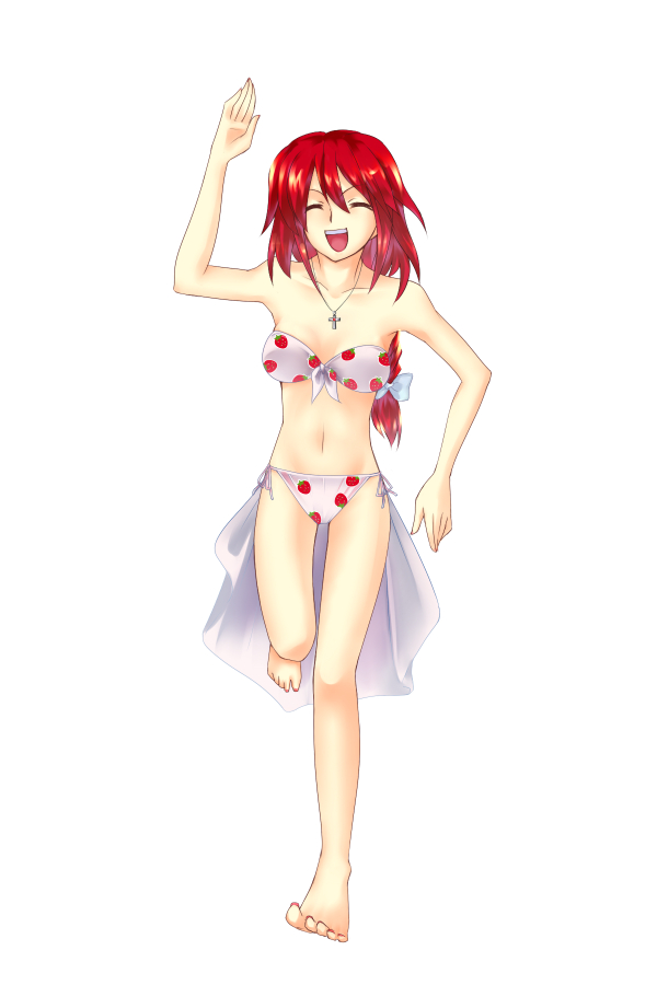 sushikuugo (suisen), okazaki tomoya, okazaki yumemi, clannad, phantasmagoria of dim.dream, touhou, touhou (pc-98), 1girl, barefoot, bikini, closed eyes, cross, female focus, food, food-themed clothes, fruit, jewelry, long hair, nail polish, name connection, parody, pendant, red hair, smile, solo, strawberry, swimsuit, toenail polish, toenails