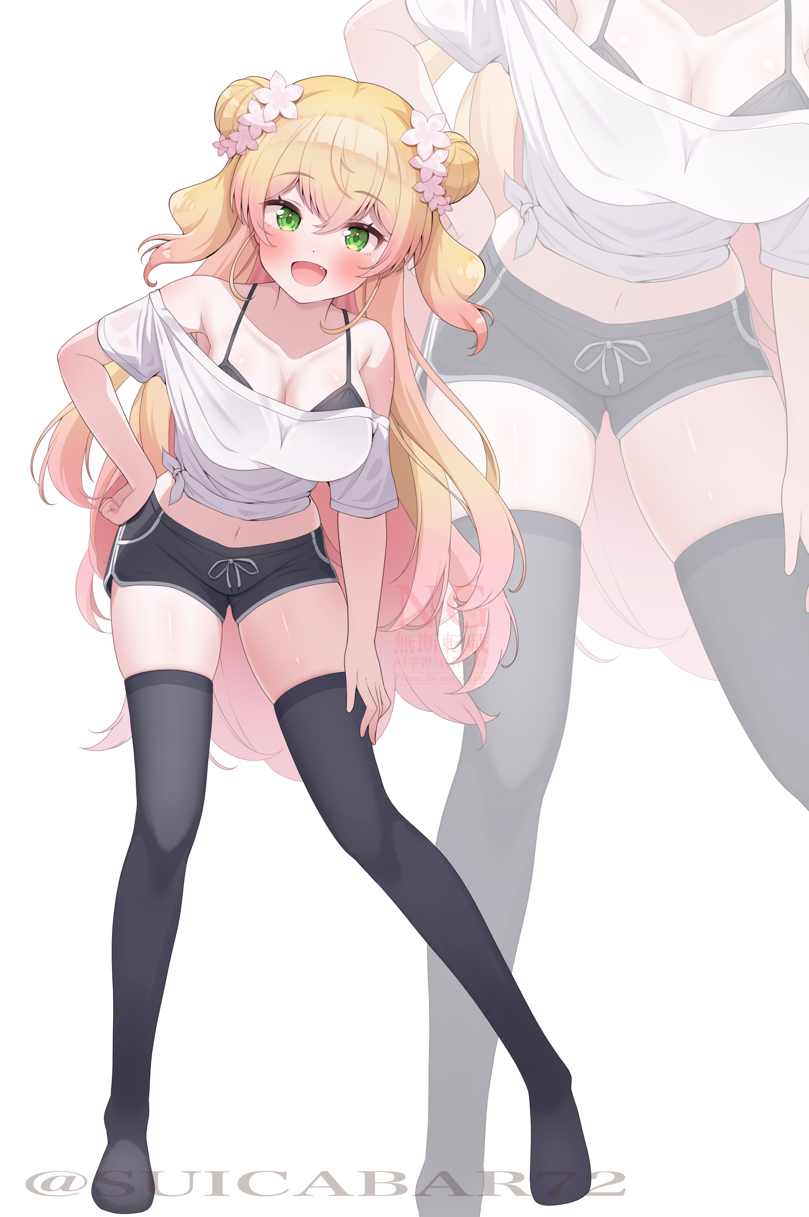 suicabar72, momosuzu nene, hololive, absurdres, highres, 1girl, ahoge, black bra, black shorts, black thighhighs, blonde hair, blush, bra, breasts, double bun, gradient hair, green eyes, hair bun, hand on own hip, hand on own leg, large breasts, looking at another, multicolored hair, pink hair, shirt, shorts, smile, solo, thighhighs, underwear, virtual youtuber, white shirt, zettai ryouiki