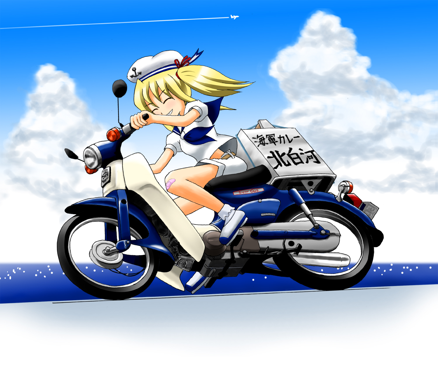 tomozo8674, kitashirakawa chiyuri, honda, phantasmagoria of dim.dream, touhou, touhou (pc-98), vehicle, highres, 1girl, blonde hair, cloud, contrail, day, female focus, hat, honda cub, motor vehicle, motorcycle, ribbon, sky, solo, twintails