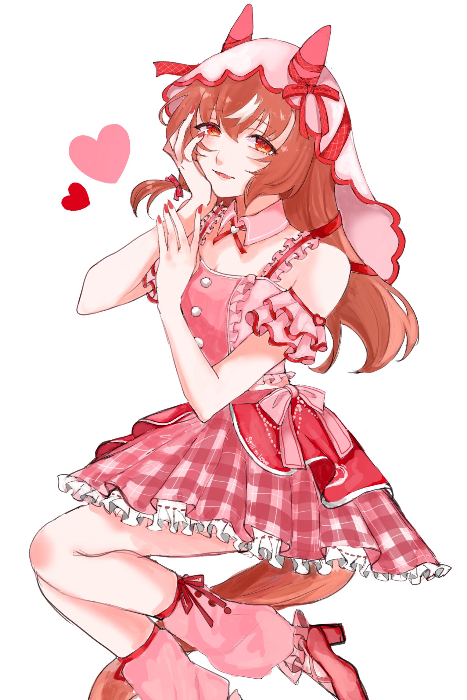 still in love (umamusume), umamusume, highres, 1girl, animal ears, bow, breasts, brown hair, clothing cutout, cropped shirt, detached collar, ear covers, ear ribbon, hair between eyes, hair ornament, heart, horse ears, horse girl, horse tail, layered skirt, long hair, long sleeves, looking at viewer, loose socks, meni shuki rush-sshu!, open mouth, pink shirt, pink skirt, pink socks, plaid clothes, plaid skirt, red eyes, shirt, shoulder cutout, simh2, simple background, skirt, small breasts, smile, socks, solo, tail, veil, white background, white veil