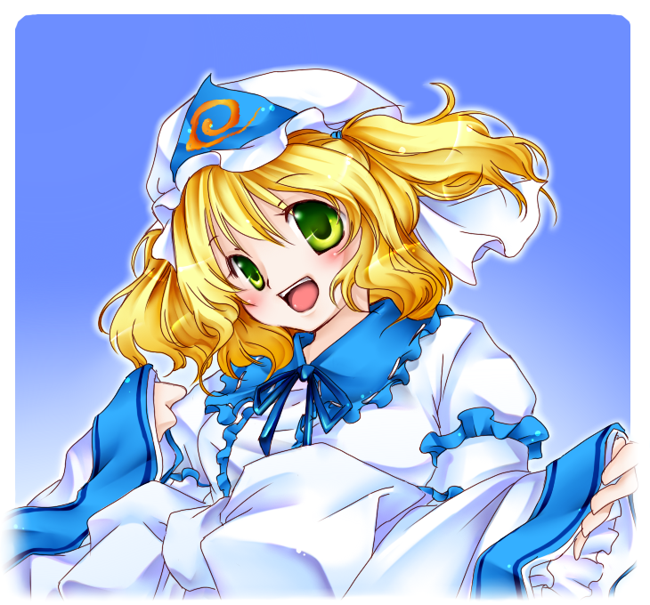 aoi mitsuru, kitashirakawa chiyuri, saigyouji yuyuko, phantasmagoria of dim.dream, touhou, touhou (pc-98), 1girl, blonde hair, blush, cosplay, female focus, green eyes, hat, long hair, ribbon, saigyouji yuyuko (cosplay), solo