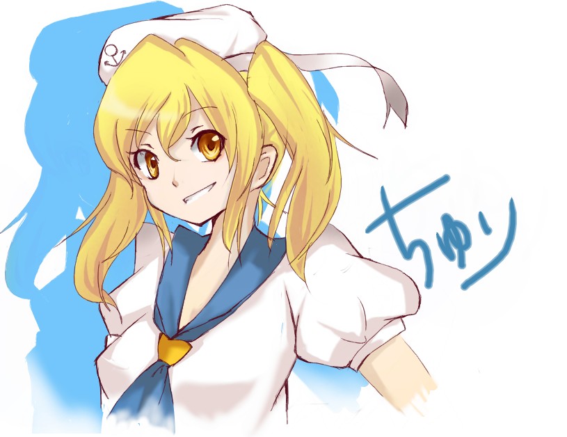 hami, kitashirakawa chiyuri, phantasmagoria of dim.dream, touhou, touhou (pc-98), bad id, bad pixiv id, 1girl, blonde hair, blue sailor collar, character name, female focus, hat, long hair, ribbon, sailor collar, smile, solo, yellow eyes