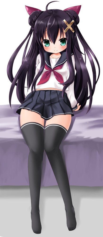 akino sakura, kiyohime lore, emil chronicle online, 1girl, ahoge, black hair, black skirt, black thighhighs, breasts, cross hair ornament, double bun, green eyes, hair bun, hair ornament, hair ribbon, medium breasts, neckerchief, official alternate costume, on bed, pleated skirt, purple neckerchief, purple ribbon, ribbon, school uniform, serafuku, skirt, solo, thighhighs, thighs, white serafuku