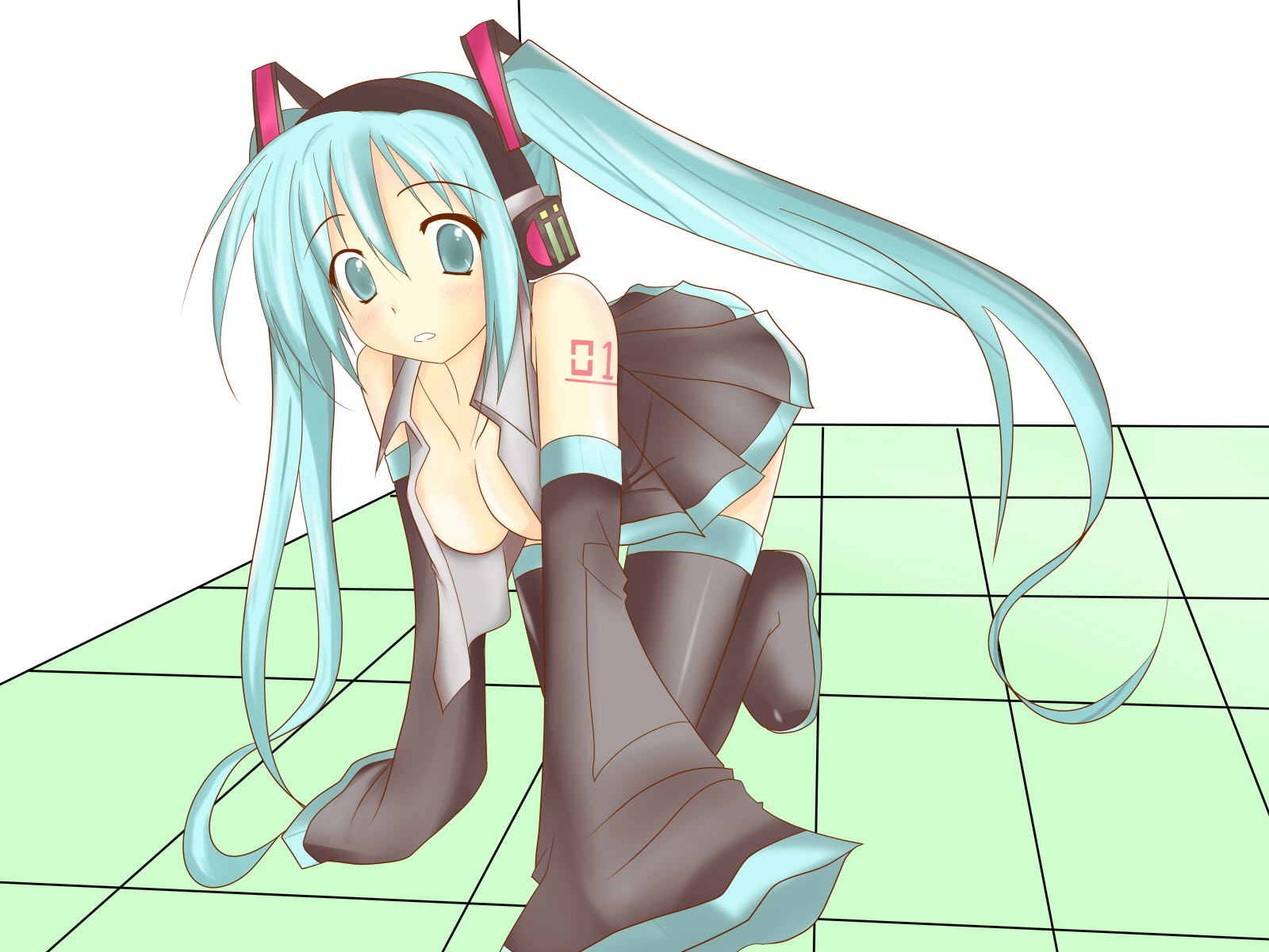 nyamo (pixiv17701), hatsune miku, vocaloid, highres, 1girl, all fours, aqua eyes, aqua hair, breasts, cleavage, detached sleeves, female focus, large breasts, long hair, open clothes, open shirt, shirt, skirt, solo, thighhighs, twintails