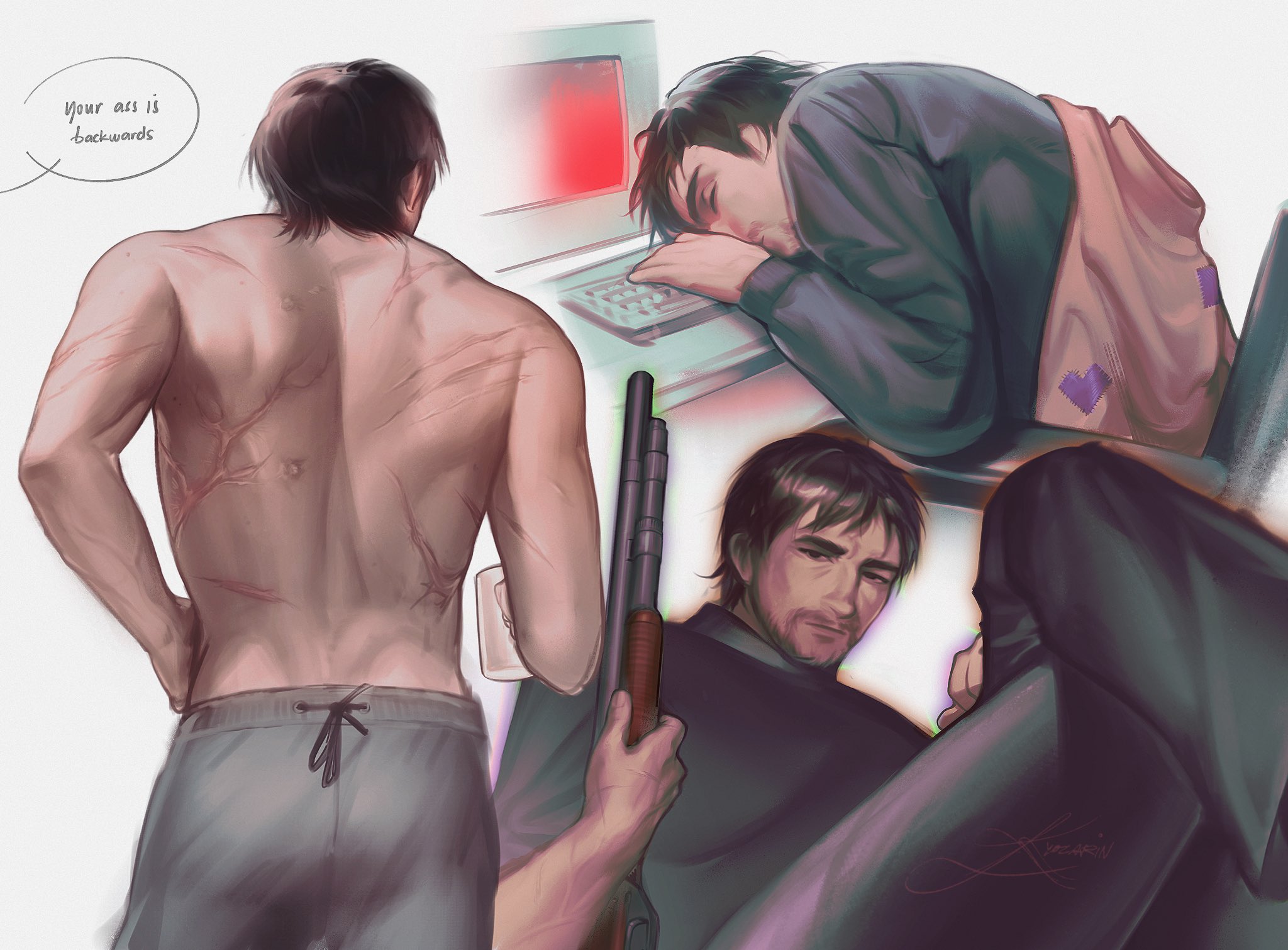 no i'm not a human, highres, 1boy, computer keyboard, cowboy shot, crossed legs, cup, english text, facial hair, from behind, goatee, grey sweater, gun, holding, holding cup, holding gun, holding weapon, immortal man (no i'm not a human), kyozarln, male focus, monitor, mustache, scar, scar on back, shotgun, sideburns, sleeping, speech bubble, sweater, topless male, variations, weapon