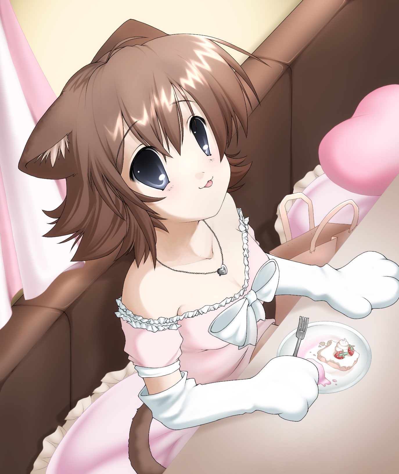 ponymoe, highres, official art, 1girl, 2000s (style), animal ears, animal hands, blush, bow, breasts, brown hair, cat ears, cat girl, cat tail, cleavage, curtains, dress, faux retro artstyle, food, fork, frilled dress, frills, fruit, gloves, holding, holding fork, jewelry, magi stop, magical girl, necklace, paw gloves, pillow, pink dress, plate, short hair, sitting, smile, strawberry, table, tail, tammy (magi stop), tareme, tongue, tongue out, white bow