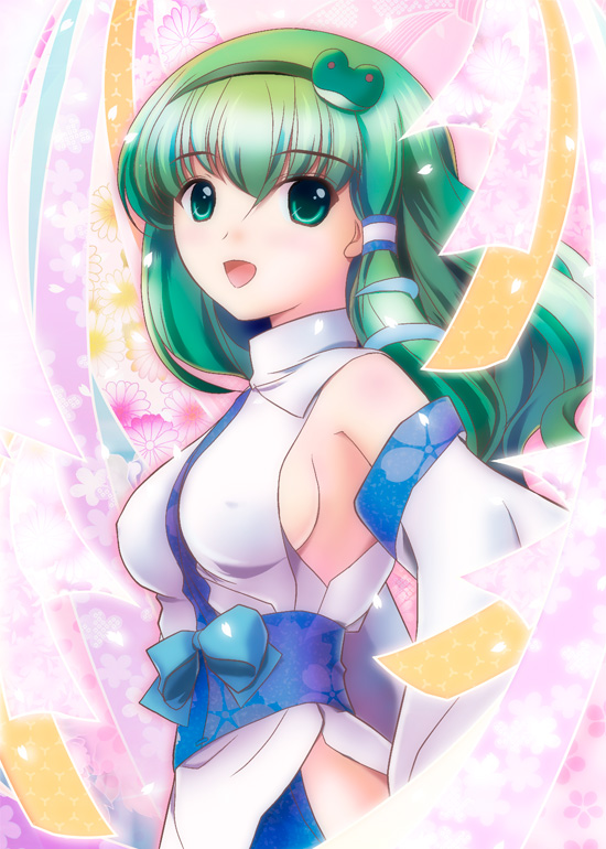 yamaguchi takashi, yamaguchi yuu, kochiya sanae, touhou, 1girl, breasts, detached sleeves, female focus, frog, green eyes, green hair, japanese clothes, large breasts, matching hair/eyes, miko, sideboob, solo