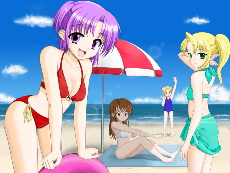 regdic, original, 4girls, barefoot, beach, bikini, blonde hair, blue eyes, breasts, brown eyes, brown hair, cleavage, day, green eyes, long hair, medium breasts, multiple girls, one-piece swimsuit, pointy ears, ponytail, purple eyes, purple hair, short hair, skull, smile, swimsuit