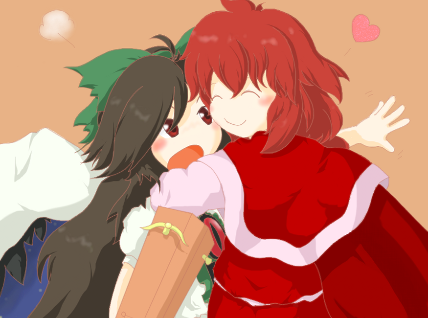 suiyou taruta, okazaki yumemi, reiuji utsuho, phantasmagoria of dim.dream, touhou, touhou (pc-98), 2girls, arm cannon, black hair, blush, brown hair, cape, closed eyes, female focus, heart, hug, long hair, multiple girls, red eyes, red hair, ribbon, skirt, skirt set, third eye, weapon, wings