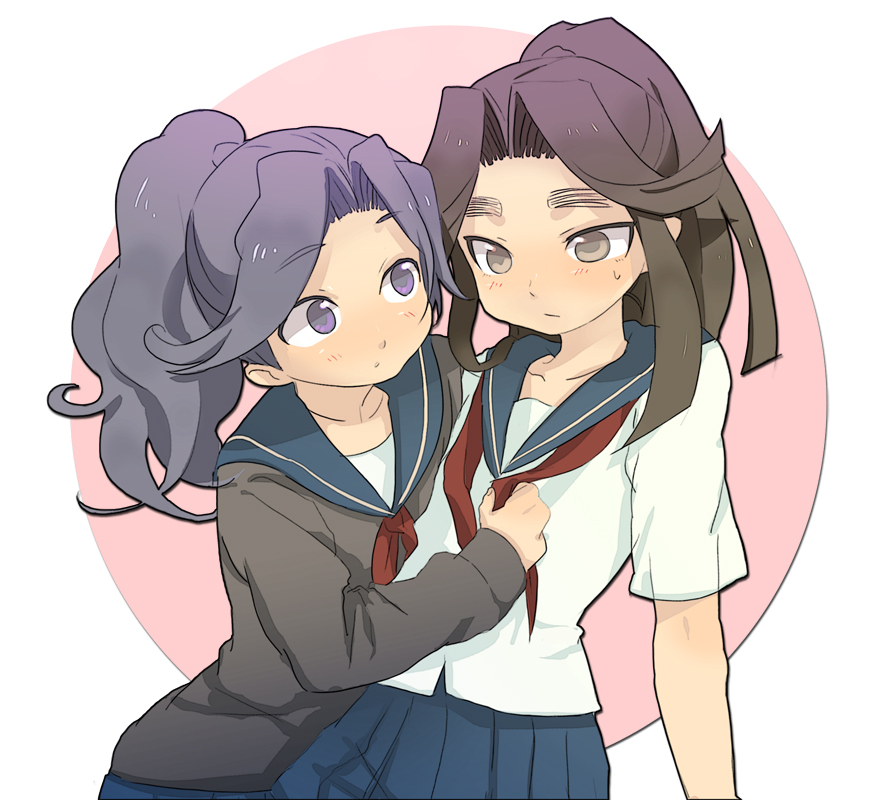dadami, ayabe kihachirou, taira no takiyashamaru, rakudai ninja rantarou, bad id, bad pixiv id, 2boys, brown eyes, brown hair, cardigan, crossdressing, crossdressing (mtf), hair flaps, male focus, multiple boys, ponytail, purple eyes, purple hair, school uniform, serafuku, trap