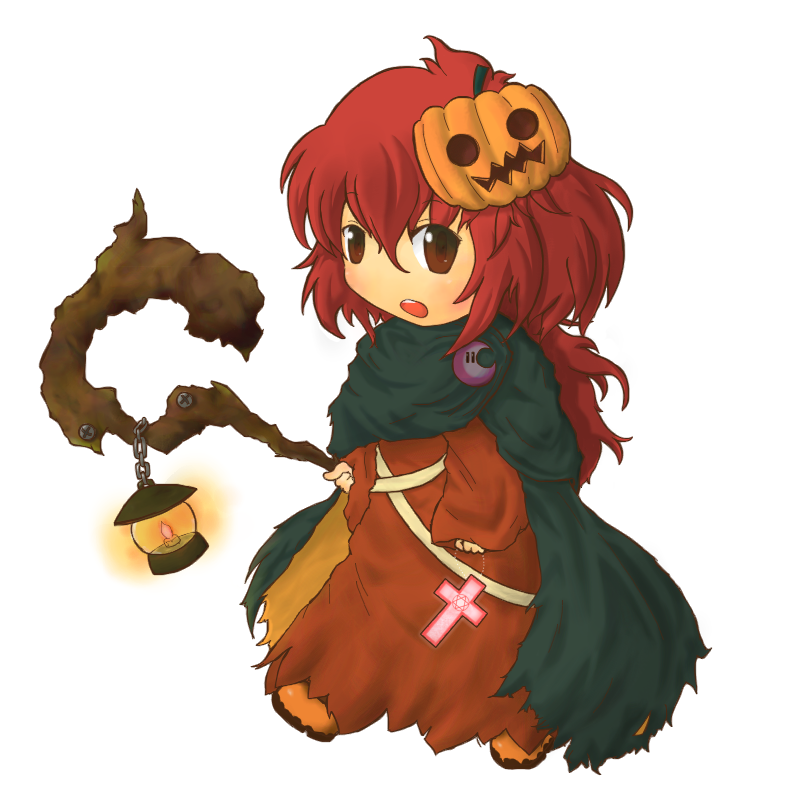 suiyou taruta, okazaki yumemi, phantasmagoria of dim.dream, touhou, touhou (pc-98), 1girl, alternate costume, chibi, cross, female focus, food-themed hair ornament, hair ornament, halloween, jack-o'-lantern, long hair, pumpkin, pumpkin hair ornament, red eyes, red hair, simple background, solo, staff, white background