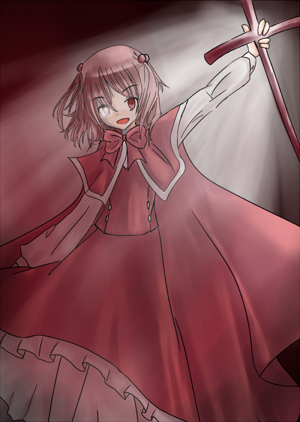 okazaki yumemi, phantasmagoria of dim.dream, touhou, touhou (pc-98), 1girl, cross, female focus, long hair, red eyes, red hair, ribbon, solo