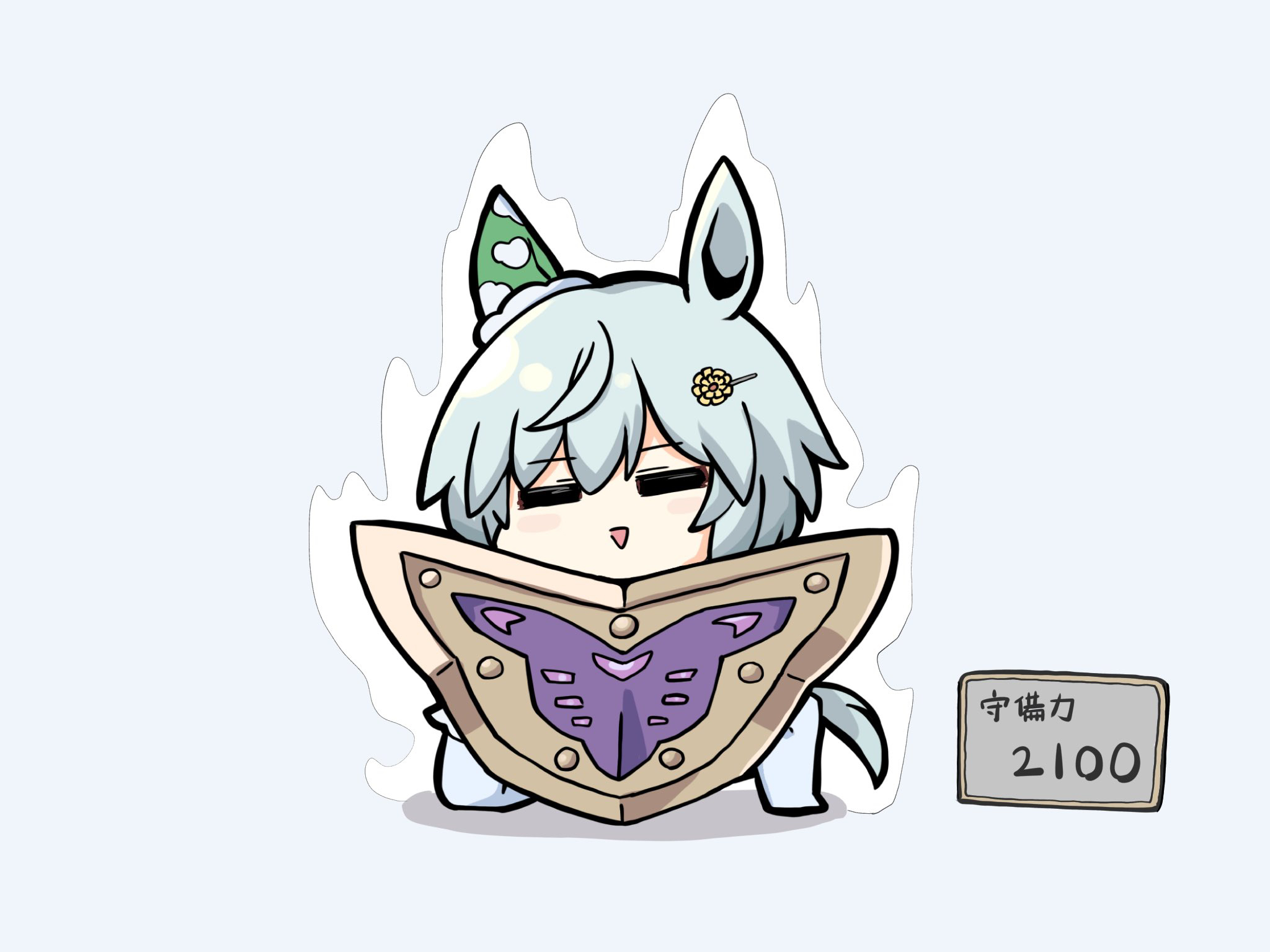 kawamochi (tddm3573), seiun sky (umamusume), umamusume, highres, translation request, 1girl, :>, animal ears, chibi, closed eyes, facing viewer, flower, full body, grey background, grey hair, hair between eyes, hair flower, hair ornament, hairclip, horse ears, horse girl, horse tail, on one knee, pantyhose, shadow, shield, simple background, solo, tail, triangle mouth, white pantyhose, yellow flower