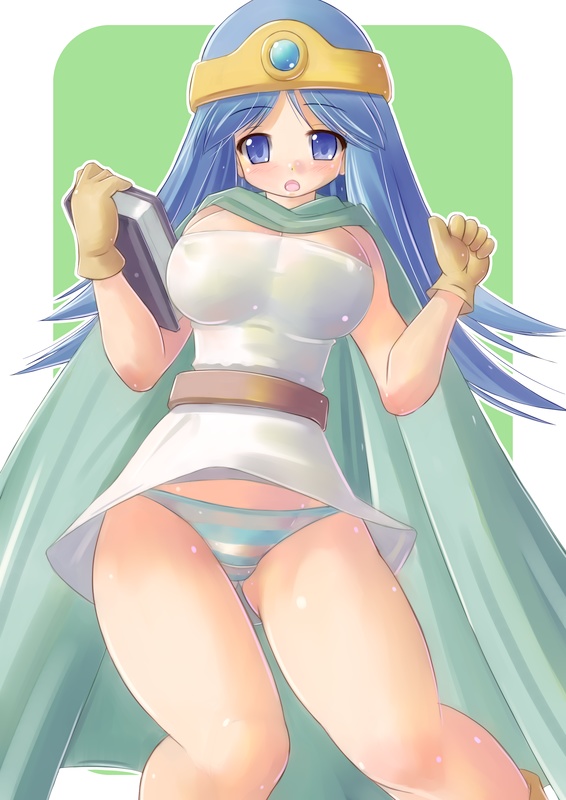 kourourin, sage (dq3), chunsoft, dragon quest, dragon quest iii, enix, blue eyes, blue hair, blush, book, breasts, cape, circlet, clothes lift, gloves, huge breasts, long hair, panties, skirt, skirt lift, staff, striped clothes, striped panties, underwear