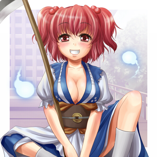 kei (pixiv), kei kei, onozuka komachi, touhou, 1girl, blush, breasts, female focus, large breasts, red eyes, red hair, short hair, smile, solo, twintails, two side up