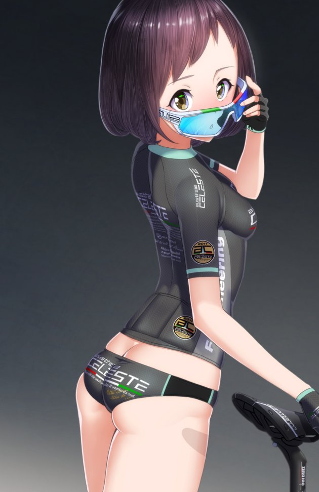 hitomi kazuya, tagme, 1girl, ass, bicycle, brown hair, butt crack, glasses, short hair