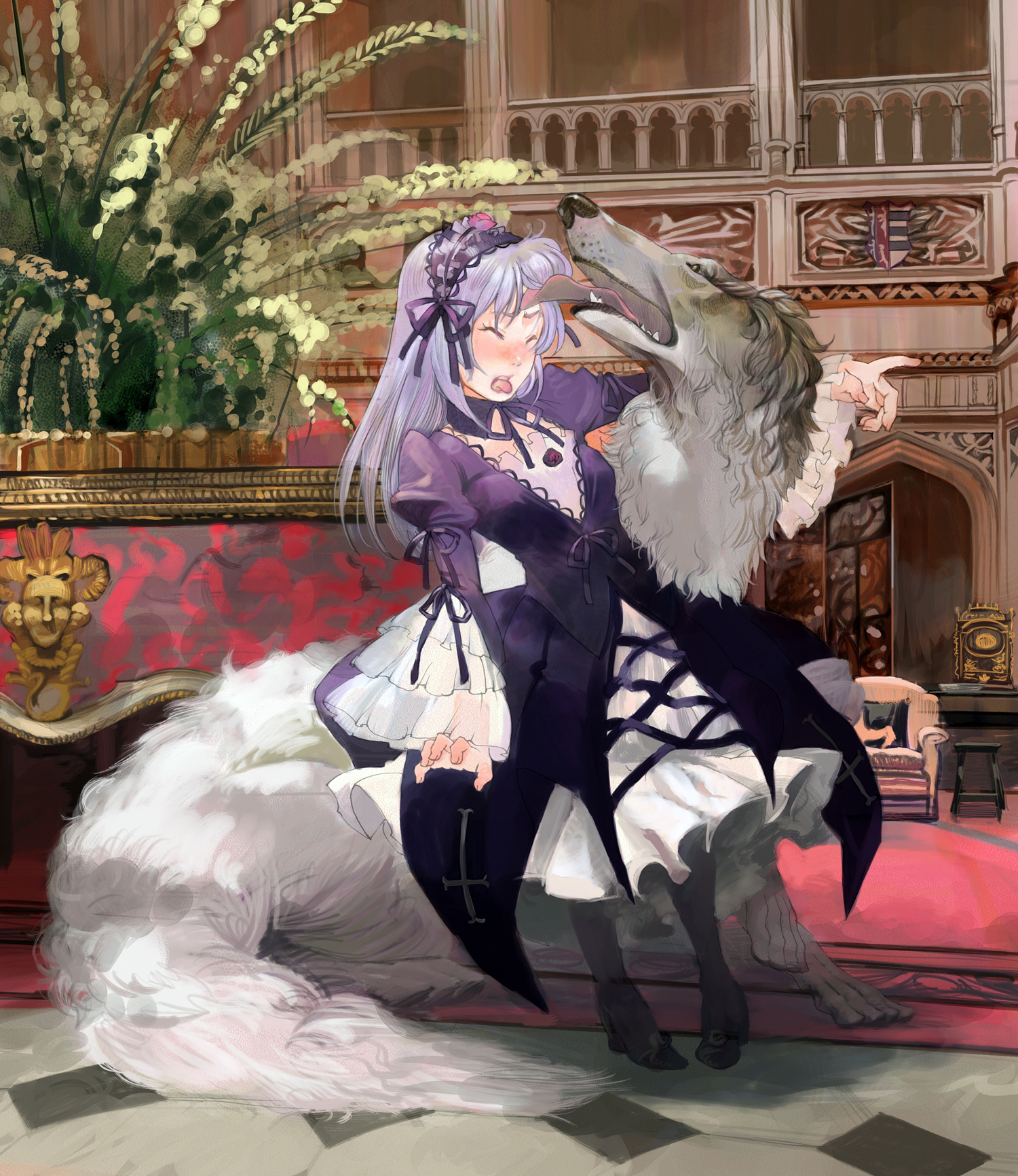 moruga, suigintou, rozen maiden, black legwear, silver hair, highres, 00s, closed eyes, cross, cross print, dog, eyelashes, indoors, inverted cross, licking, long hair, messy hair, pantyhose, plant, standing, tongue