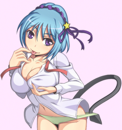 caryo, nanashino, kurono kurumu, rosario+vampire, breast hold, lowres, 00s, 1girl, :p, blue hair, breast lift, breasts, cleavage, dress shirt, female focus, hairband, panties, panty pull, purple eyes, shirt, short hair, solo, tail, tongue, tongue out, underwear