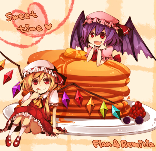 kusa, kusada souta, flandre scarlet, remilia scarlet, touhou, bad id, bad pixiv id, 2girls, bat wings, blonde hair, blue hair, character name, female focus, food, hat, heart, heart of string, multiple girls, pancake, pancake stack, red eyes, ribbon, short hair, siblings, sisters, smile, tongue, wings