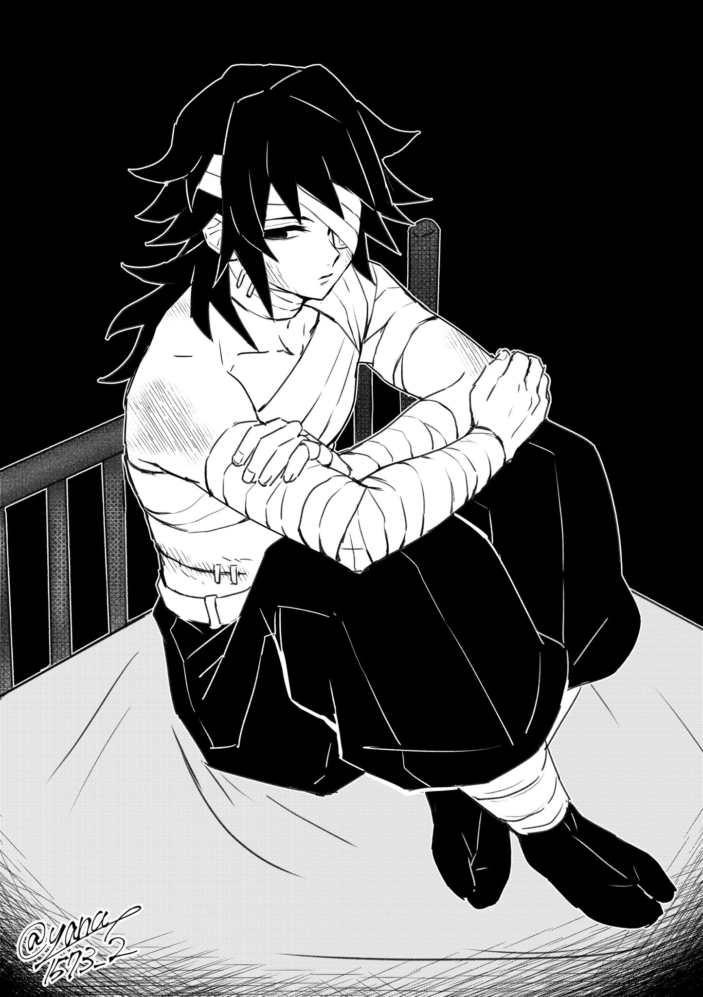 tomioka giyuu, kimetsu no yaiba, highres, 1boy, bandages, black background, black pants, closed mouth, collarbone, full body, greyscale, long hair, low ponytail, male focus, monochrome, on bed, one eye covered, pants, ponytail, simple background, sitting, solo, spiked hair, tabi, yanae1573 2