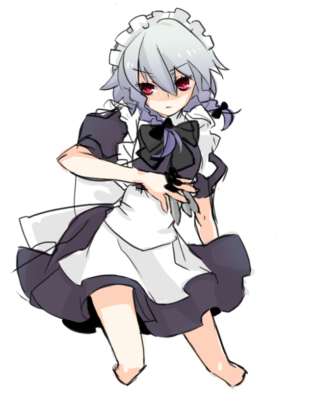sanzenhatsuka, izayoi sakuya, embodiment of scarlet devil, touhou, silver hair, bad id, bad pixiv id, 1girl, between fingers, female focus, hairband, holding, knife, maid, red eyes, ribbon, short hair, solo, throwing knife, weapon