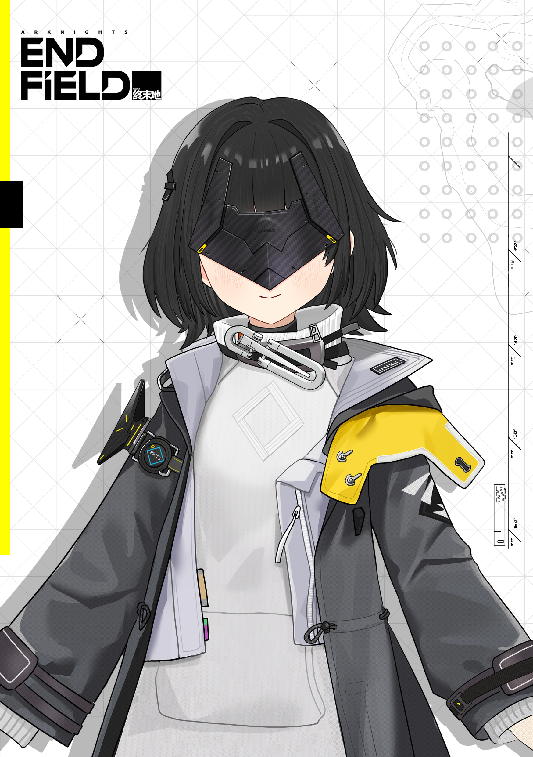 keaworks, endministrator (arknights), female endministrator (arknights), arknights, arknights: endfield, absurdres, commentary request, highres, 1girl, black coat, black hair, closed mouth, coat, copyright name, eye mask, grey sweater, hood, hooded coat, long sleeves, medium hair, open clothes, open coat, smile, solo, sweater, upper body