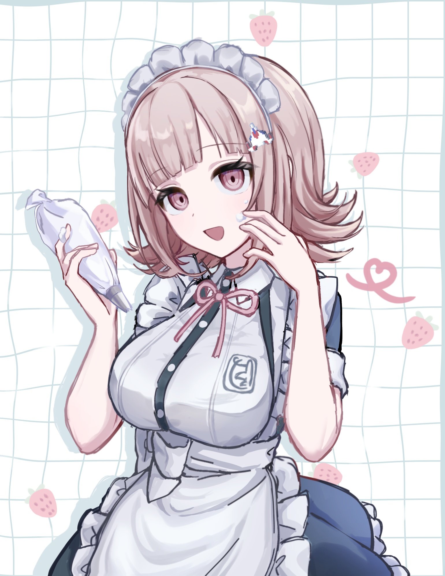 nanami chiaki, danganronpa (series), danganronpa 2: goodbye despair, highres, 1girl, apron, black dress, breasts, brown hair, dress, flipped hair, frills, hair ornament, looking at viewer, maid, maid apron, maid headdress, medium hair, neck ribbon, official alternate costume, open mouth, pink ribbon, puffy sleeves, ribbon, smile, solo, white apron, yura 02551