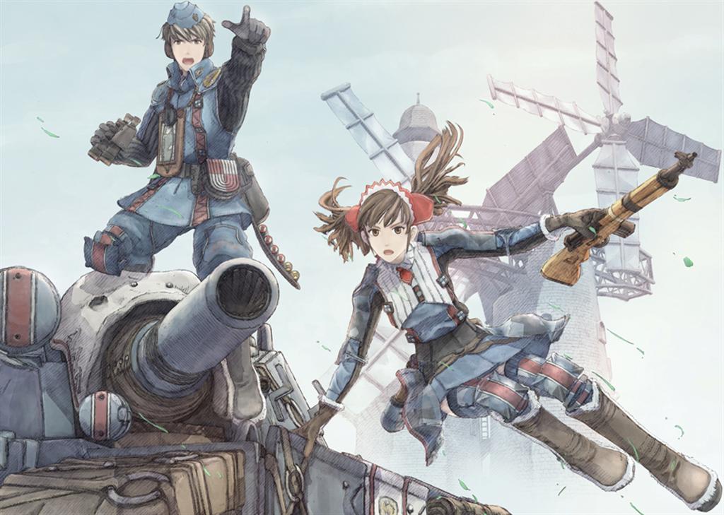 honjou raita, alicia melchiott, welkin gunther, senjou no valkyria, senjou no valkyria (series), senjou no valkyria 1, striped, vehicle, official art, 00s, 1boy, 1girl, binoculars, boots, brown eyes, brown hair, garrison cap, gloves, gun, hat, military, military uniform, military vehicle, motor vehicle, open mouth, pointing, rifle, tank, thighhighs, twintails, weapon, windmill