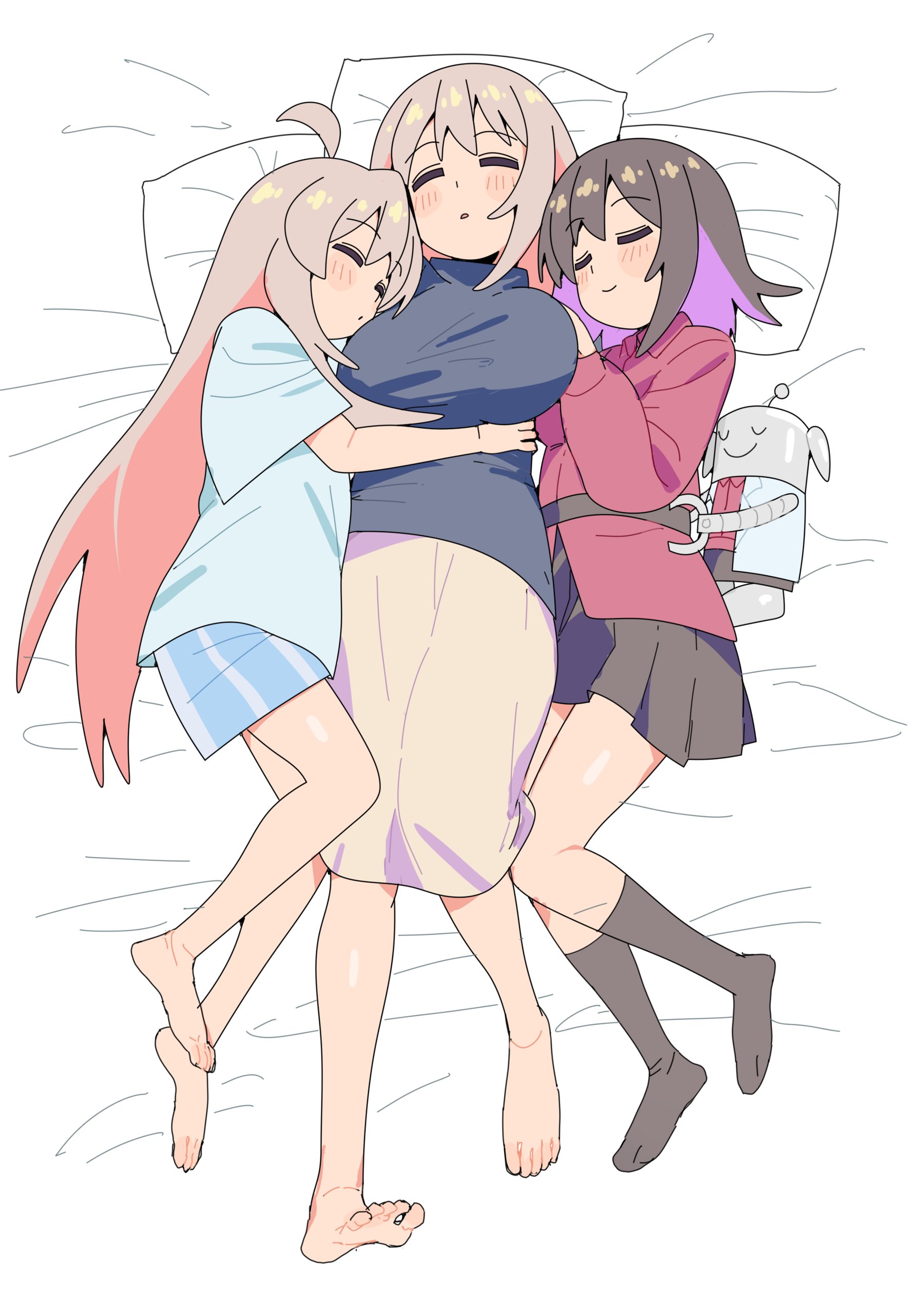 karubi (karubi465558), oyama mahiro, oyama matsuri, oyama mihari, onii-chan wa oshimai!, absurdres, commentary, highres, 3girls, ahoge, bare legs, barefoot, bed sheet, belt, black hair, black shirt, black skirt, black socks, blush, breasts, colored inner hair, feet, full body, girl sandwich, grey hair, hug, large breasts, long hair, long sleeves, lying, medium hair, miniskirt, mother and daughter, multicolored hair, multiple girls, on back, on side, pillow, pink hair, pleated skirt, purple hair, red shirt, robot, sandwiched, shirt, short sleeves, siblings, sisters, skirt, sleeping, smile, socks, toes, two-tone hair, very long hair