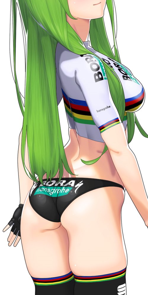 hitomi kazuya, tagme, 1girl, ass, butt crack, green hair, simple background, smile, white background