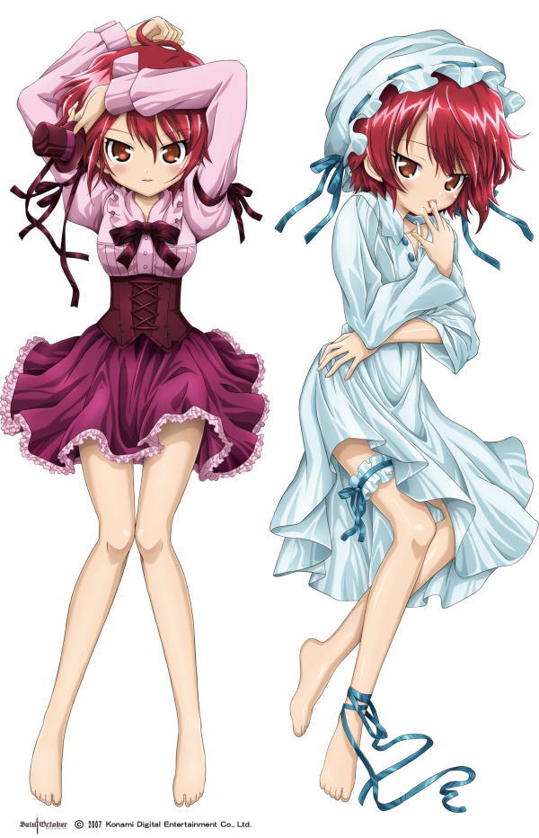 hijiri misaki, saint october, jpeg artifacts, 00s, 1girl, arms up, barefoot, blush, bonnet, bow, dakimakura (medium), dress, feet, finger in own mouth, frilled thigh strap, hat, licking, licking finger, lingerie, lying, mini hat, mini top hat, multiple views, nightgown, orange eyes, red hair, ribbon, short hair, thigh strap, top hat, underwear