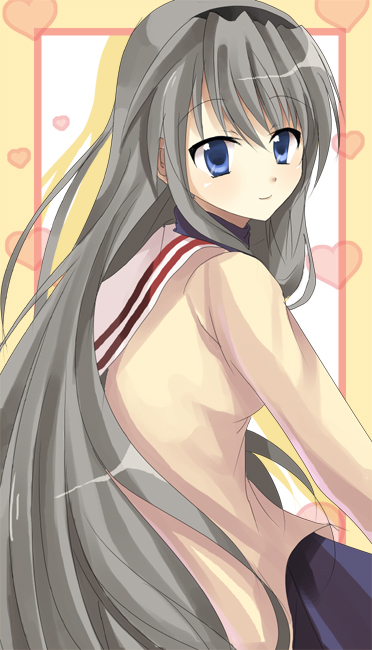 chocho (homelessfox), sakagami tomoyo, clannad, silver hair, bad id, bad pixiv id, 00s, 1girl, blue eyes, blue skirt, blush, breasts, female focus, from behind, hairband, heart, heart background, light smile, long hair, long sleeves, looking at viewer, looking back, school uniform, skirt, smile, solo, very long hair