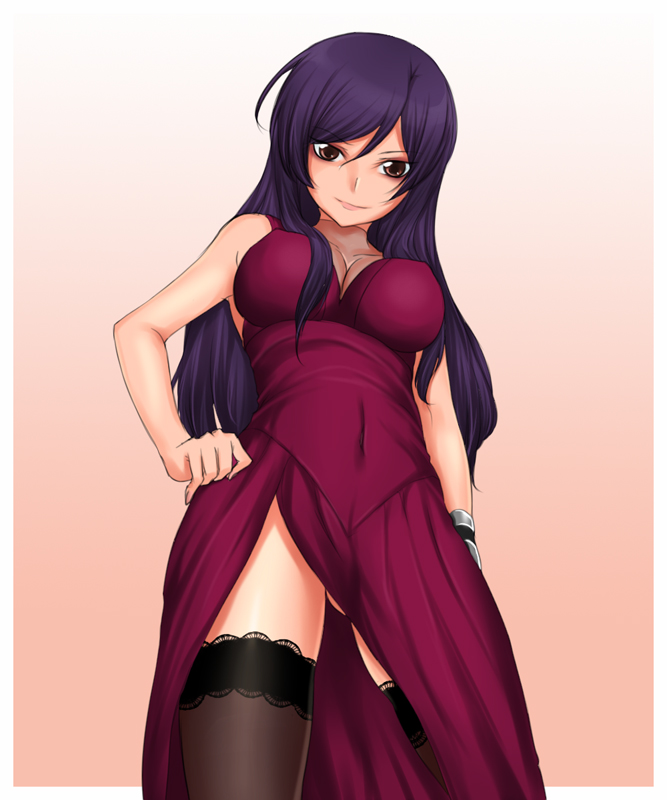 rokuichi, tieria erde, gundam, gundam 00, gender request, 00s, 1girl, breasts, cleavage, dress, female focus, genderswap, gradient background, male focus, purple hair, side slit, solo, standing, thighhighs, trap